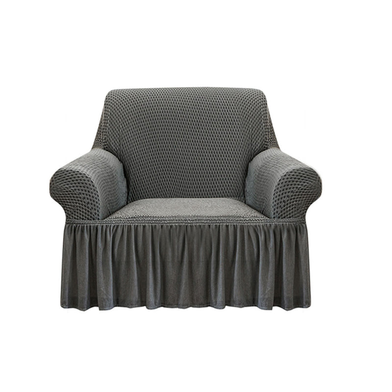 1-Seater Grey Sofa Cover With Ruffled Skirt High Stretch Couch Protector