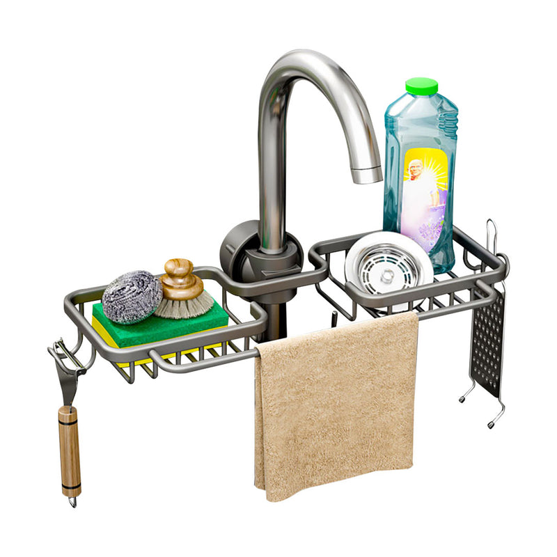 Faucet Sink Organizer Aluminum 37.5x16x6.8cm Rust Proof With Towel Bar Dark Grey