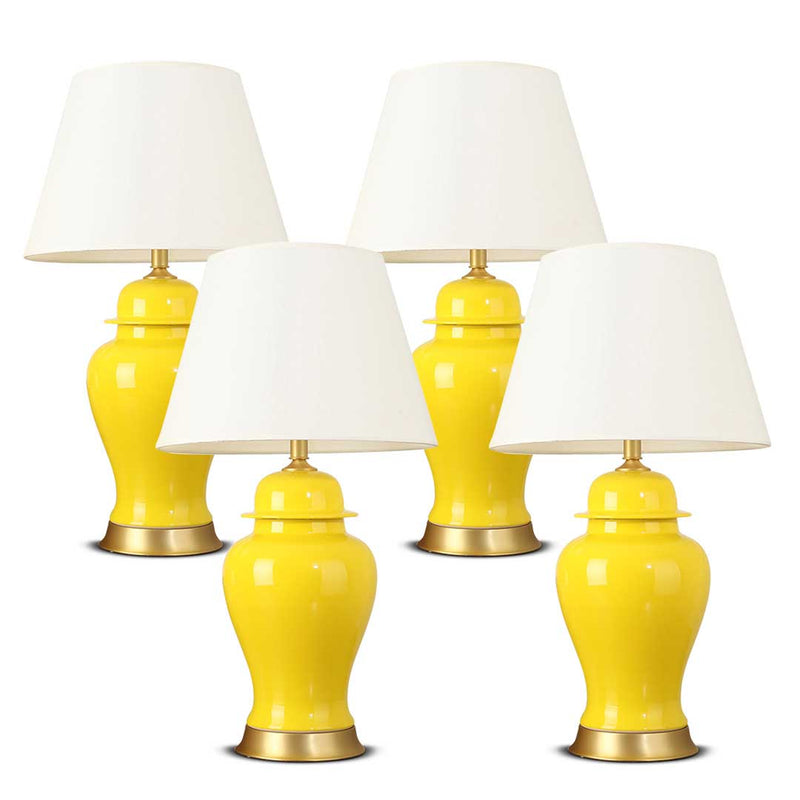 4X Oval Ceramic Table Lamp Gold Metal Base Yellow Drum Shade 17x38x60cm
