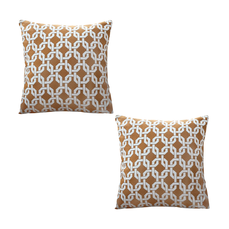 2X 50cm Square Brown Checkered Chain Jacquard Polyester Cotton Throw Pillows