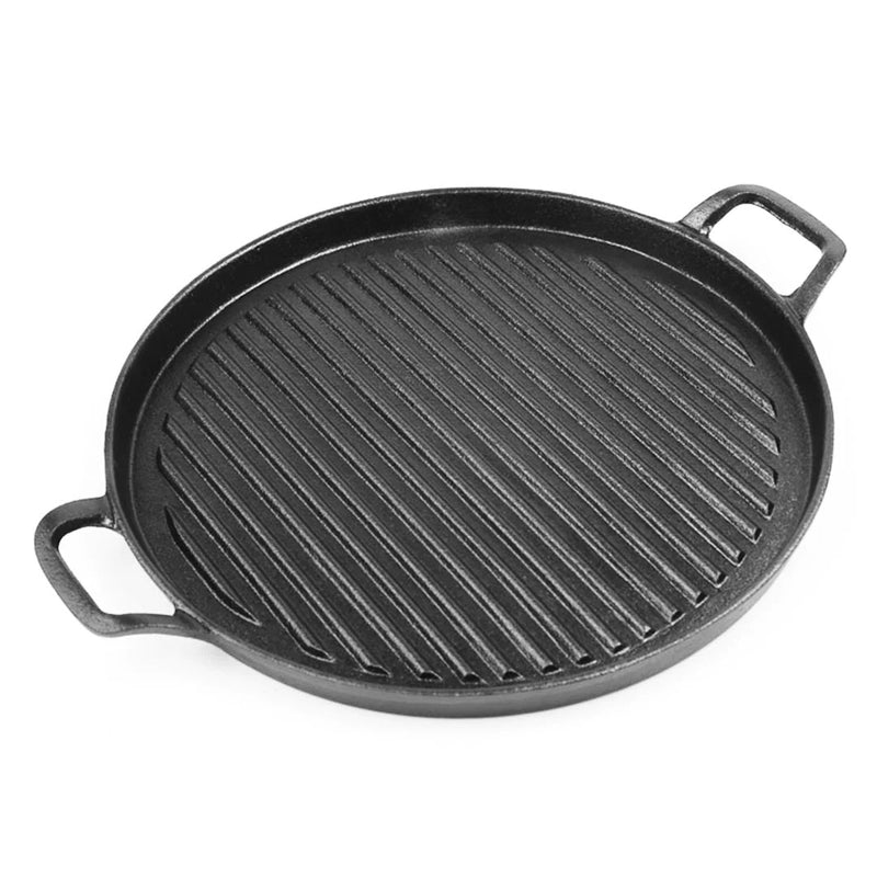 28cm Ribbed Cast Iron Frying Pan Skillet Non-Stick Sizzle Platter Black