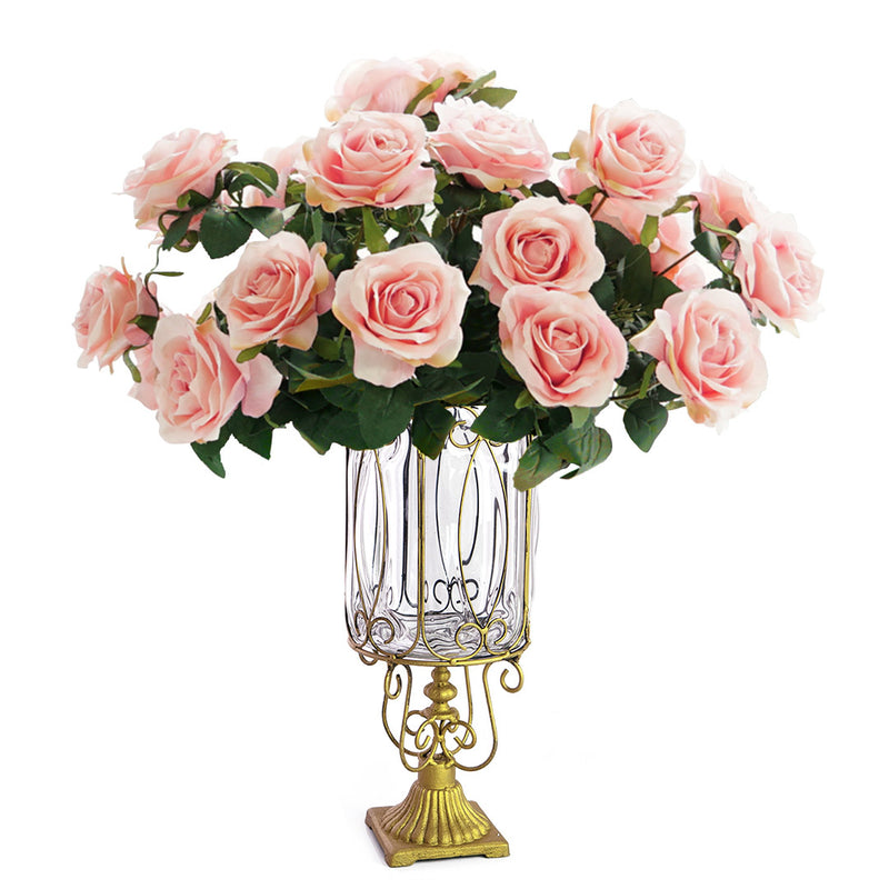 Clear Glass Flower Vase with 4 Bunch 9 Heads Artificial Silk Rose Decor Set