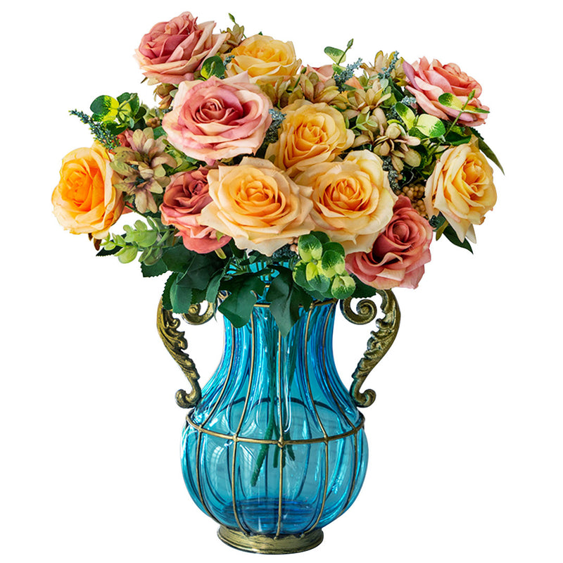 Blue Glass Vase With 4 Bunch 11 Heads Silk Rose Bouquet 50cm Realistic