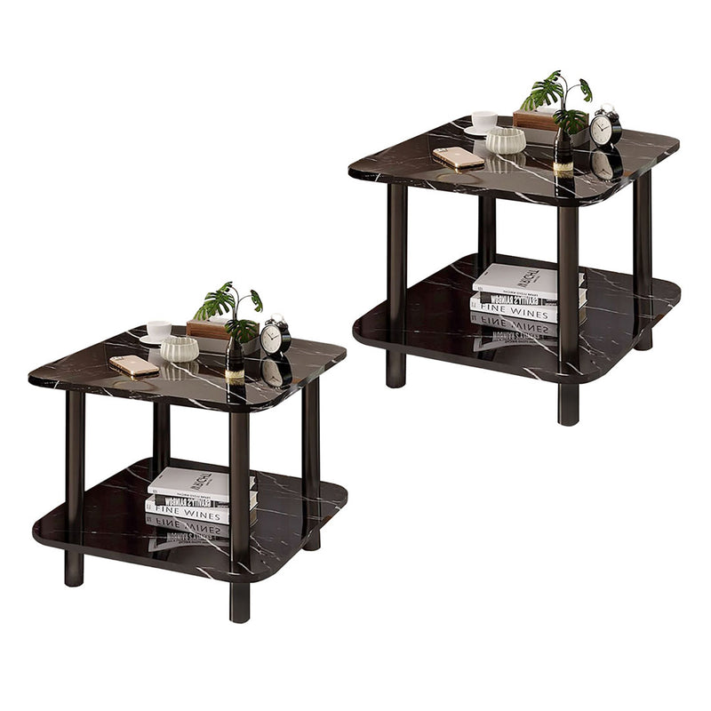 2X 60cm Square Black Ceramic Side Table Stone Pattern Black Metal Legs