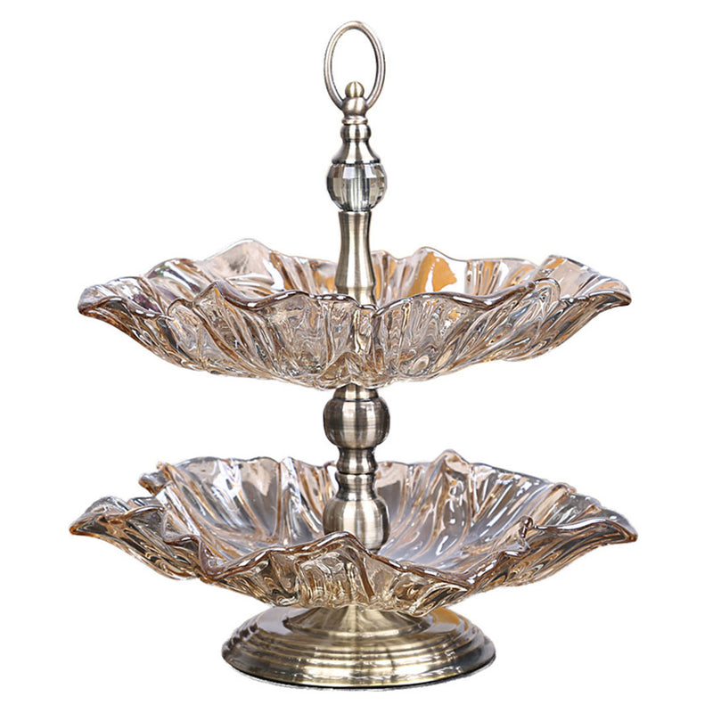 2 Tier Lotus Glass Iron Fruit Bowl 35cm X 57cm Translucent Bronze