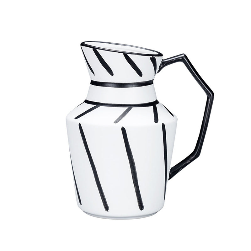 Modern Ceramic Pitcher Vase 23.5x19.5cm Black White Striped Geometric Handle