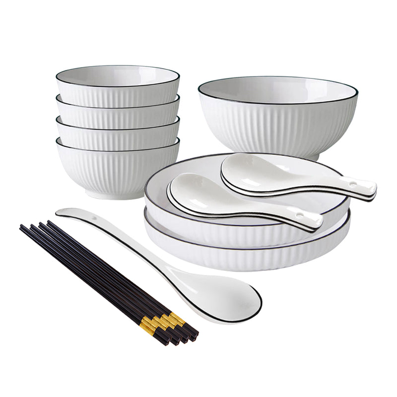 White Ceramic Dinnerware Set of 7 Japanese Style 4.5 Inch Bowl 7 Inch Plate