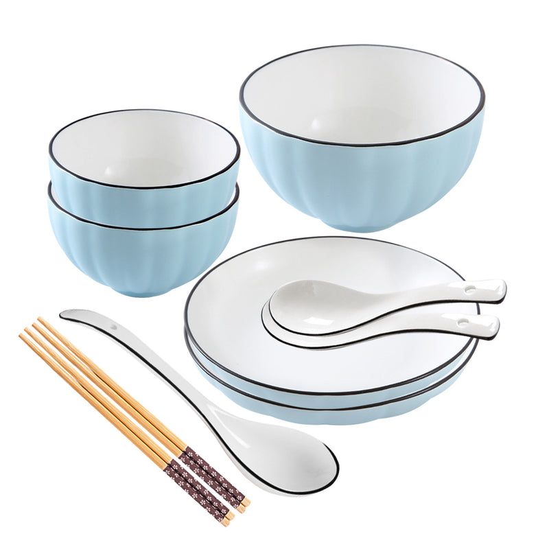 Blue Ceramic Dinnerware Set of 7 Japanese Style Bowls Plates Home Kitchen Decor