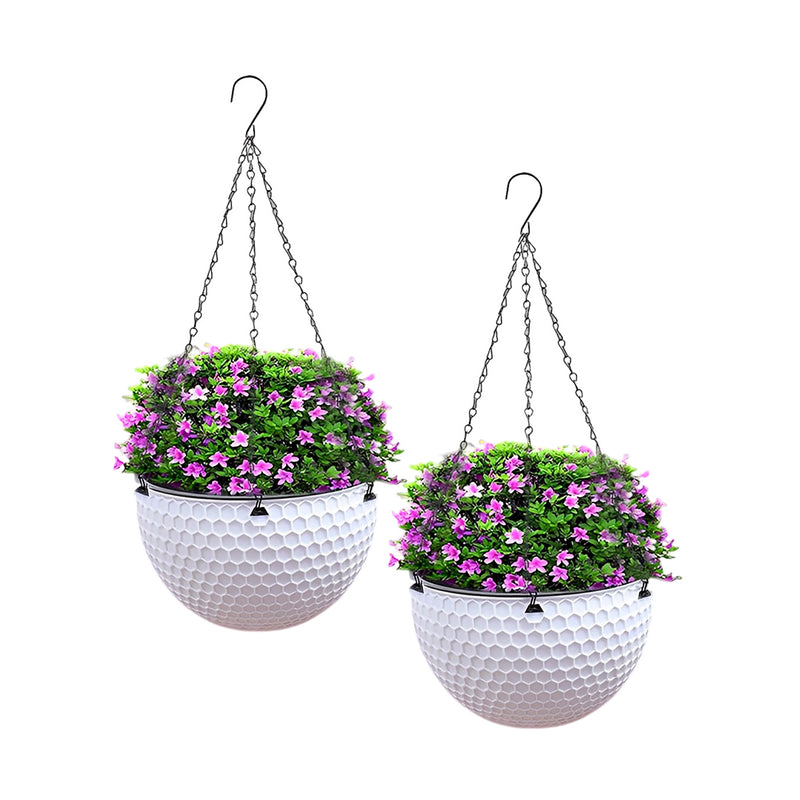 2X White Medium Resin Hanging Flower Pot Self Watering Planter Indoor Outdoor