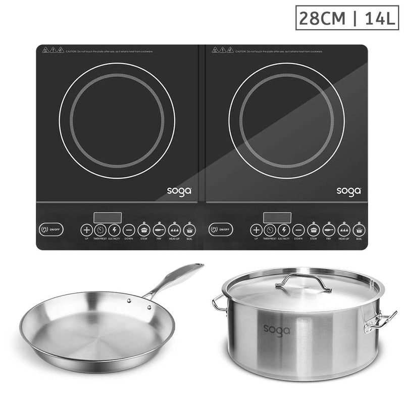 Dual Induction Cooktop 2 Burners Stainless Steel 14L Stockpot 28cm Fry Pan