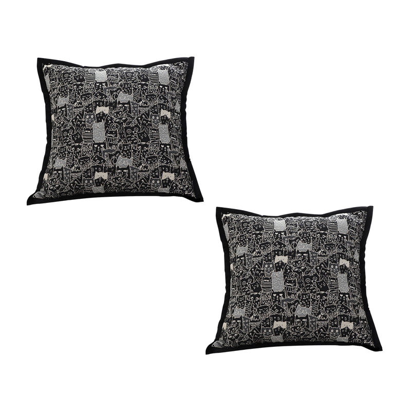2X 45x45x14cm Polyester Teddy Fleece Throw Pillow Black Cat Design Square