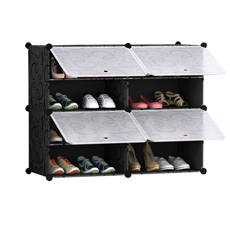 4 Tier 2 Column Shoe Rack Organizer PP Stackable 85cm Black Translucent Cover