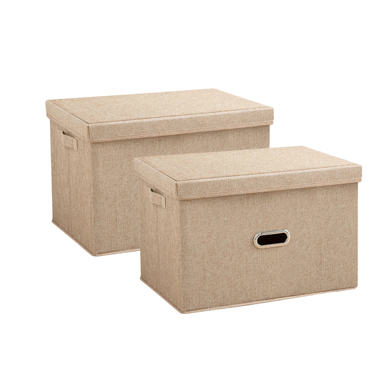 2X Small Beige Foldable Canvas Storage Boxes 32x24x18cm Durable Dustproof