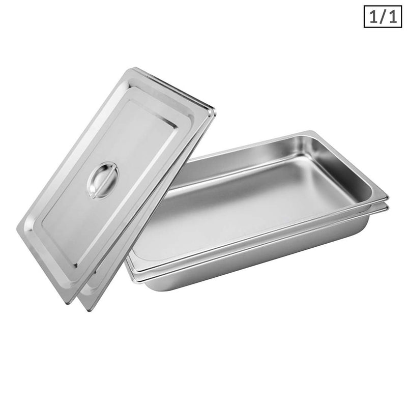 2X Full Size 1/1 Gastronorm Pan Stainless Steel 53cm X 32.5cm X 6.5cm With Lid