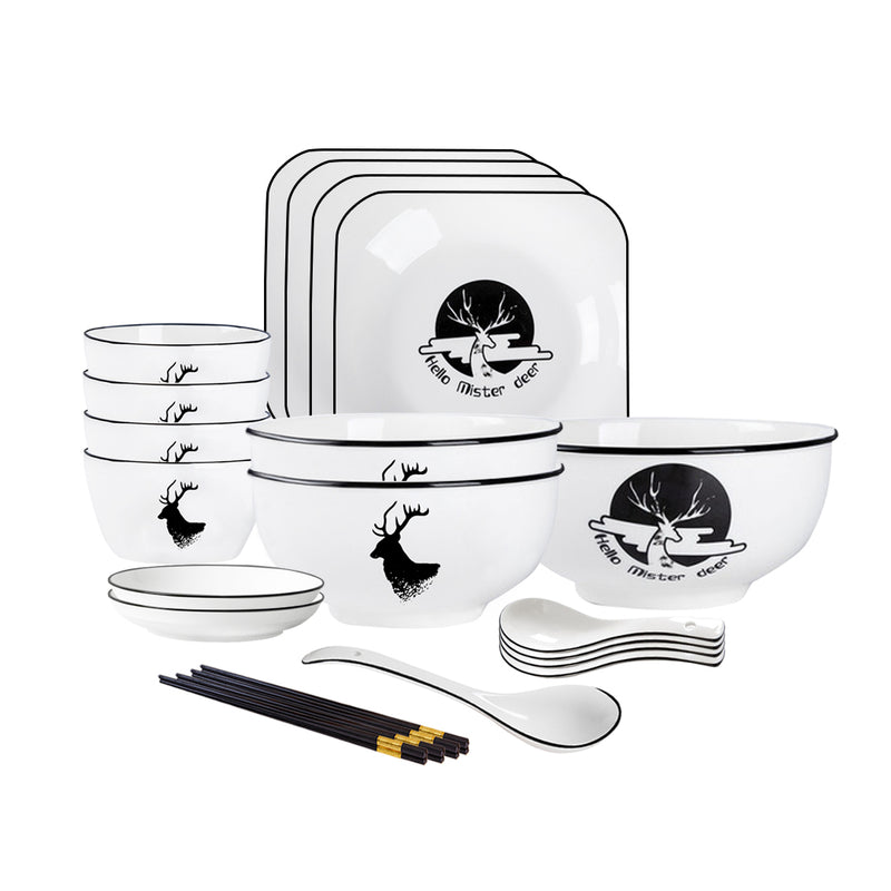 White Antler Ceramic Dinnerware Set 13pc Soup Bowl Plate Home Kitchen Decor