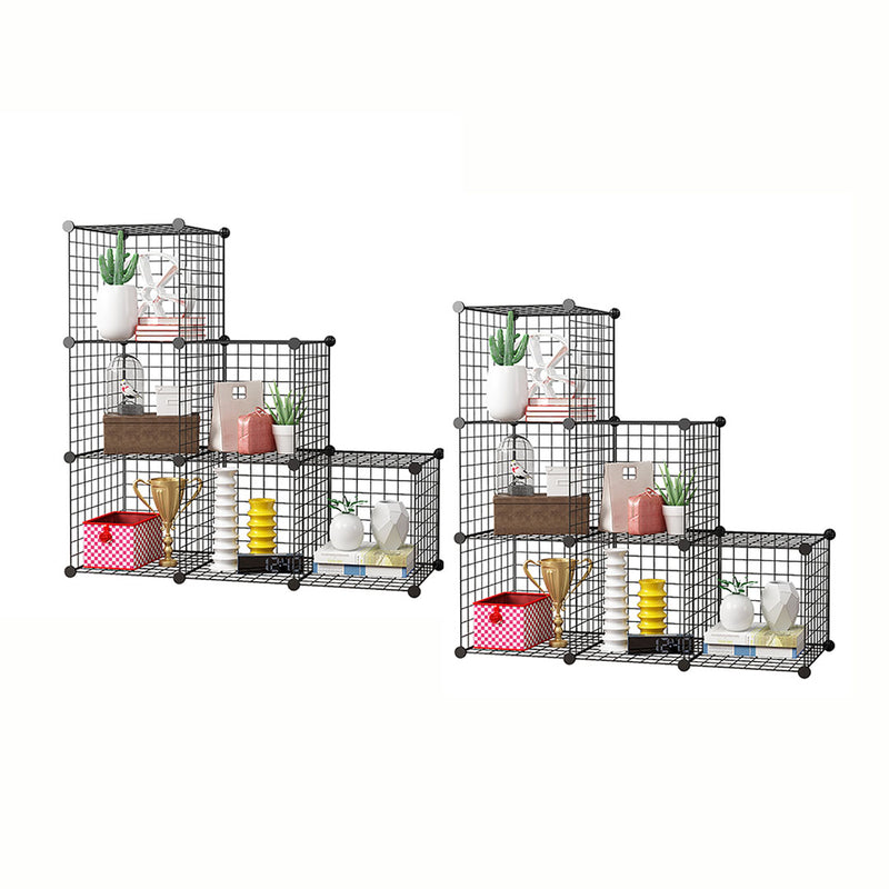 2X Black 6 Cube Portable Modular Wire Mesh Storage Organizer 110x37x110cm