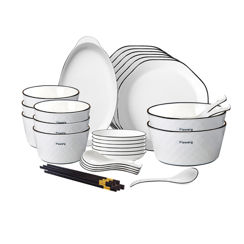 Diamond Pattern Ceramic Dinnerware Set of 22 Home Decor White Plates Bowls
