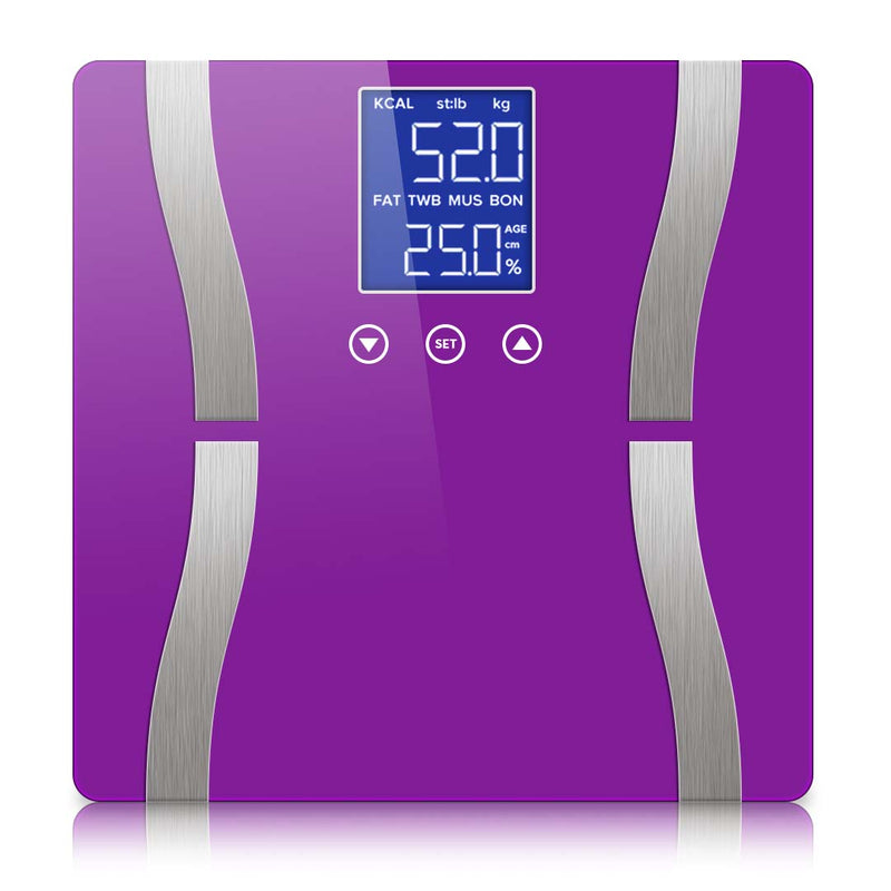 Glass Lcd Digital Body Fat Scale 180kg 8 User Strain Gauge Purple