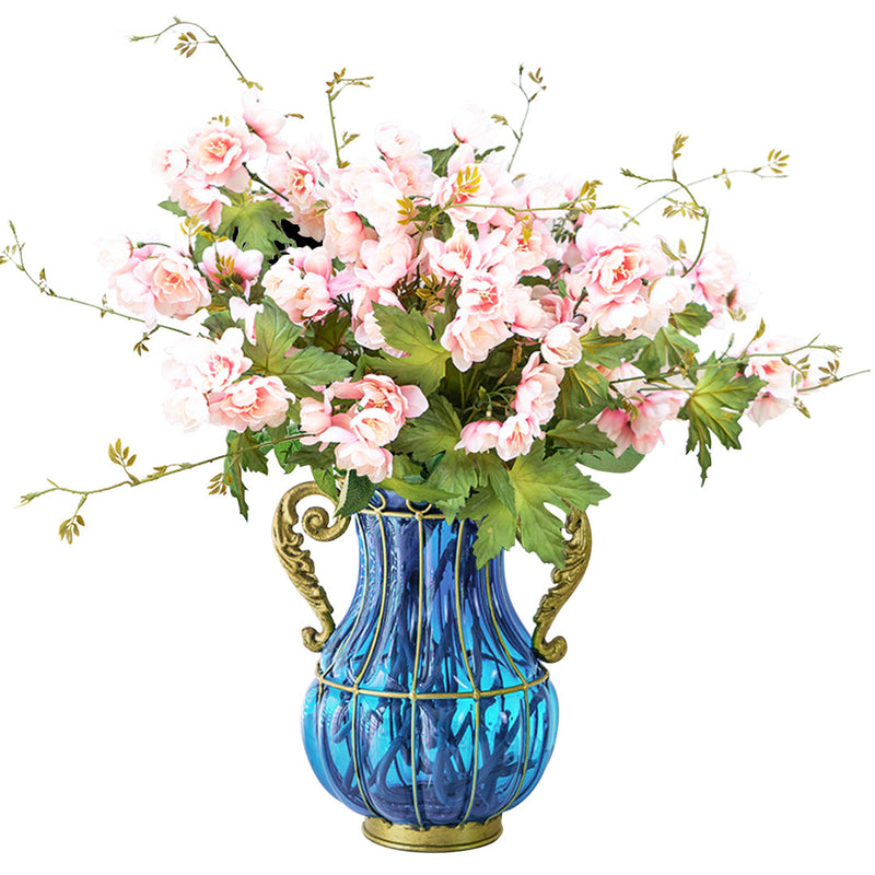 Blue Glass Vase Gold Metal Trim 10x14x26cm 8 Bunch 3 Heads Pink Silk Hibiscus