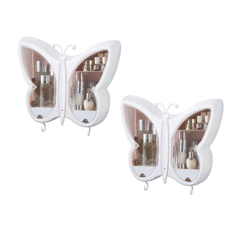 2X White Butterfly Wall Mounted Makeup Organizer Waterproof Bathroom Storage Box