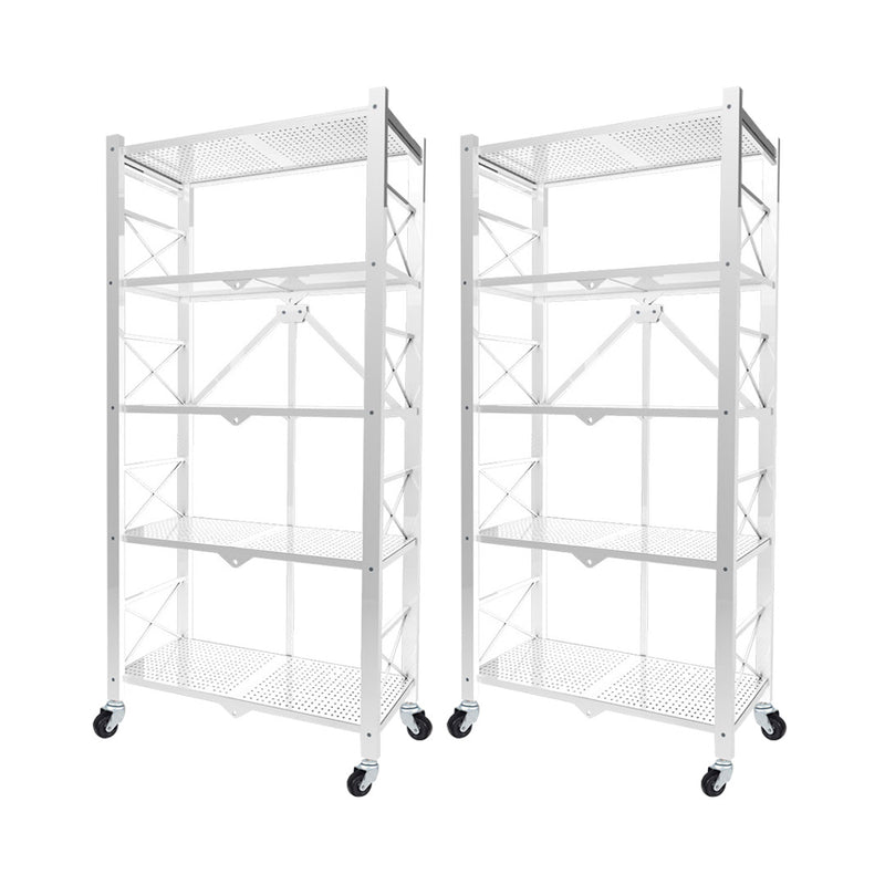 2X 5 Tier Carbon Steel Foldable Storage Rack White 71cm X 36cm X 160cm Wheels