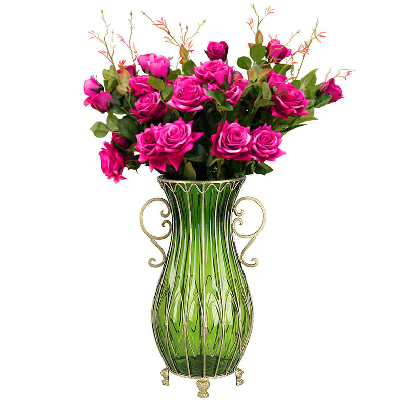 Glass Floor Vase 51cm Green Gold Metal With 12pcs Dark Pink Artificial Flowers