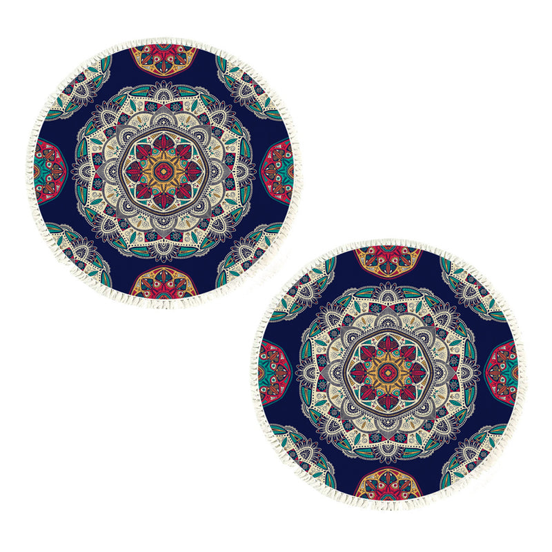 2X 90cm Round Area Rug Polyester Blue Mandala Design Anti Slip Backing