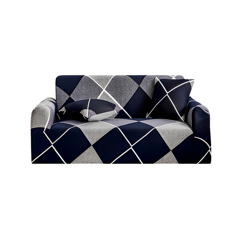 2 Seater Checkered Blue Polyester Sofa Slipcover Stretch 145 To 185 Cm