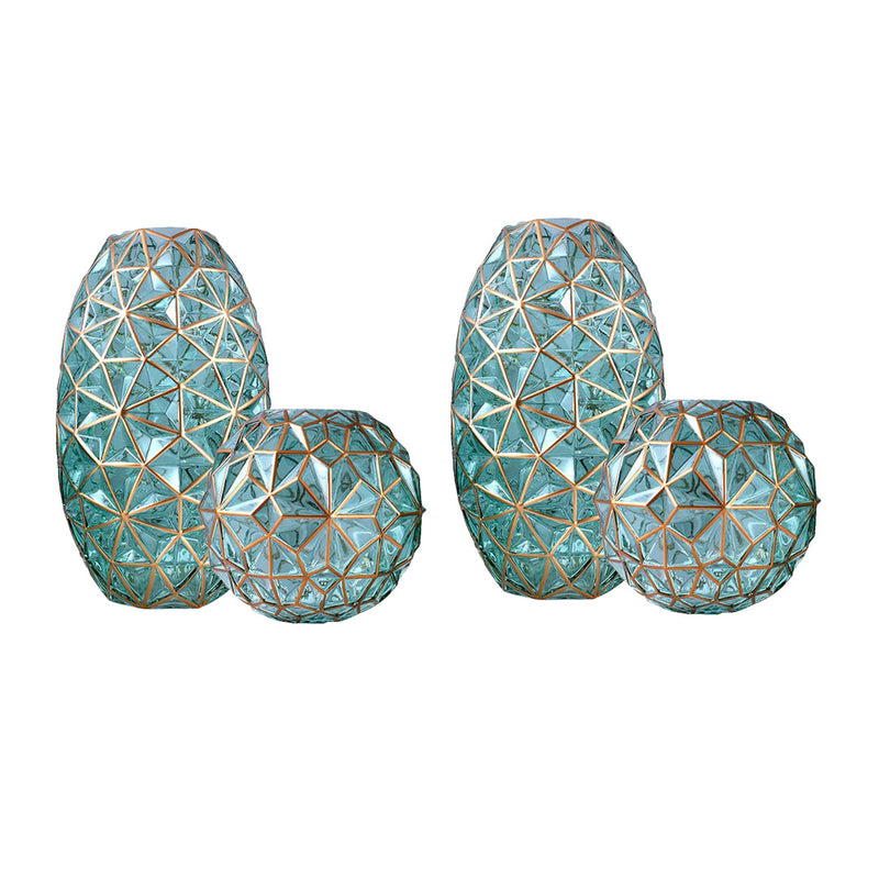 2X Green Diamond Cut Glass Vases Gold Accent Oval And Round Large And Medium