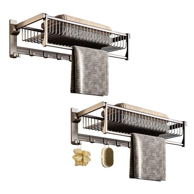 2X Wall Mounted Aluminum Gray Towel Holder Double Rail Organizer With Hooks