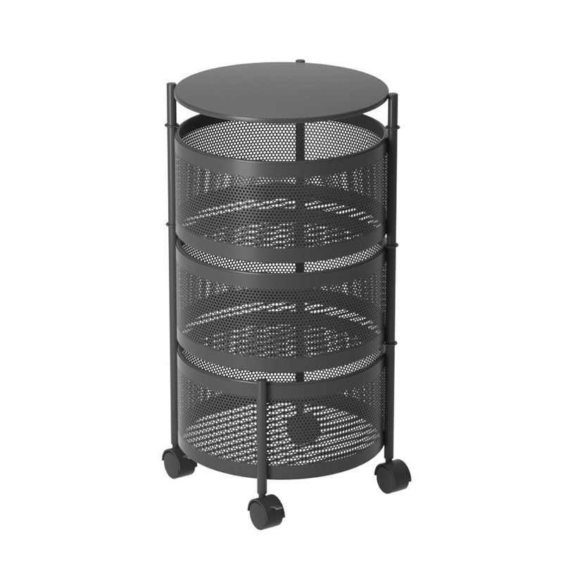 3 Tier Black Steel Kitchen Cart With Rotating Shelves And Wheels