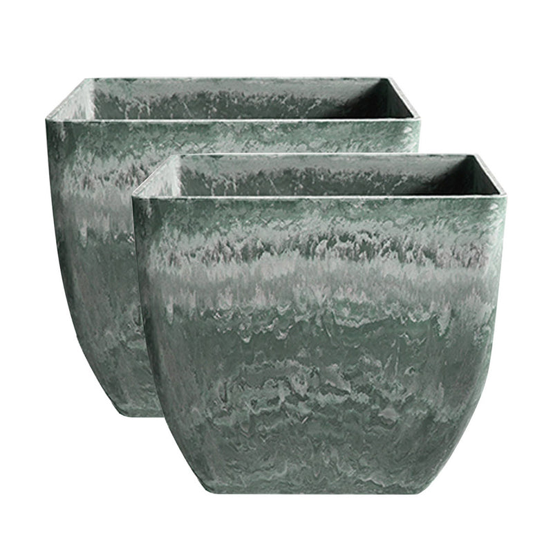 2X 32cm Green Grey Square Tapered PP Resin Planter Concrete Look Indoor