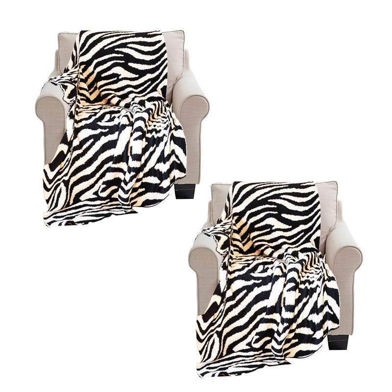 2X 130x170cm Half Fleece Polyester Throw Blanket Black And White Zebra Print