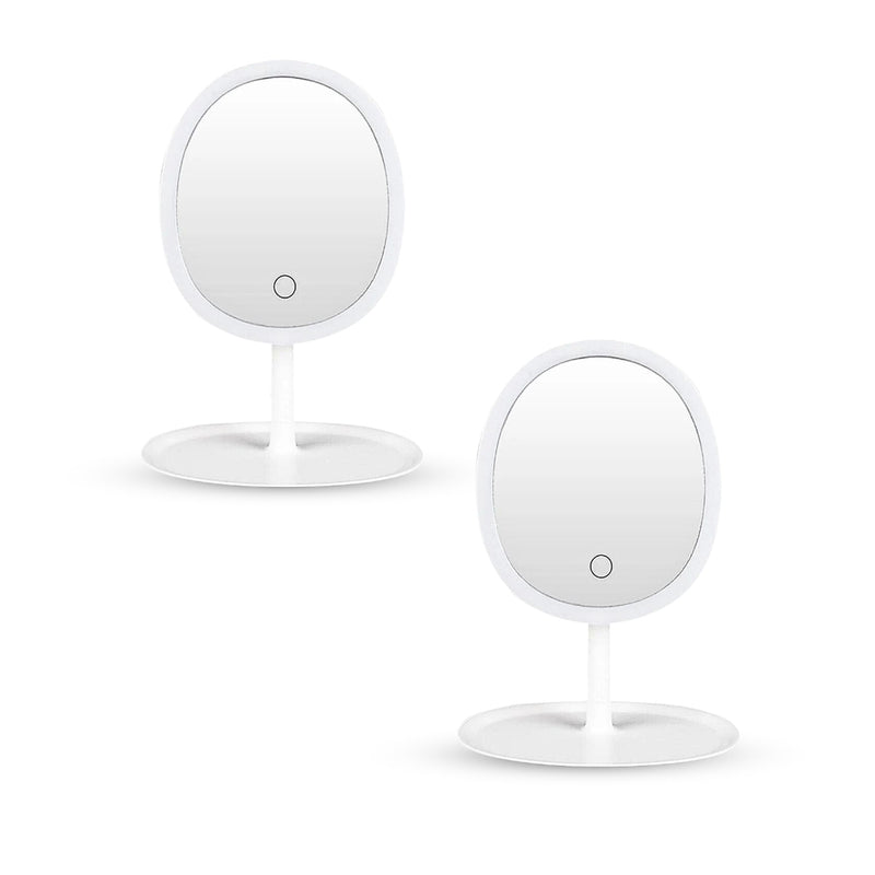 2X 26cm White Oval Led Tabletop Vanity Mirror Tricolor Dimming Usb Powered