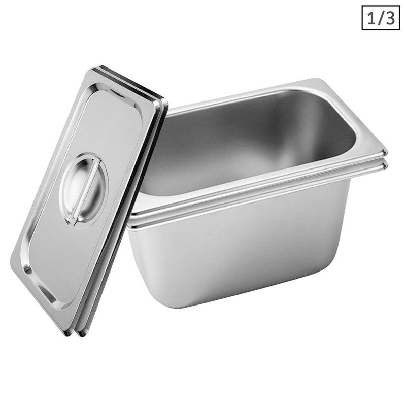 2X Gastronorm GN Pan Full Size 1/3 15cm Deep Stainless Steel Tray With Lid