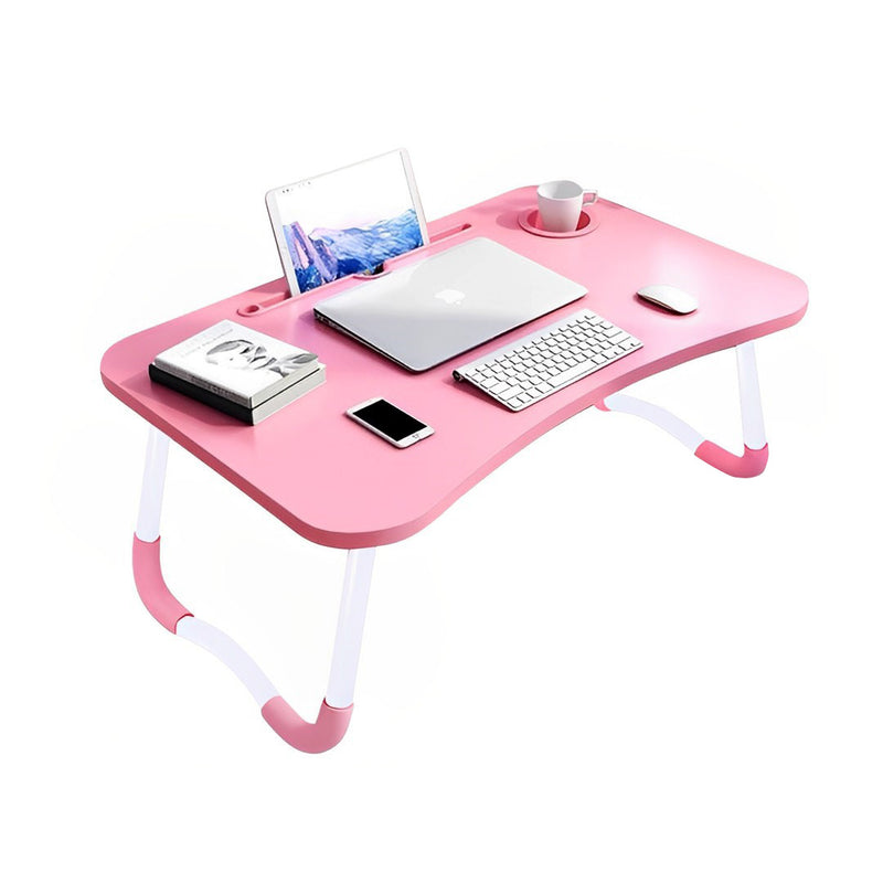Pink Portable Bed Table MDF Kids Desk Folding Adjustable Stand with Cup-Holder
