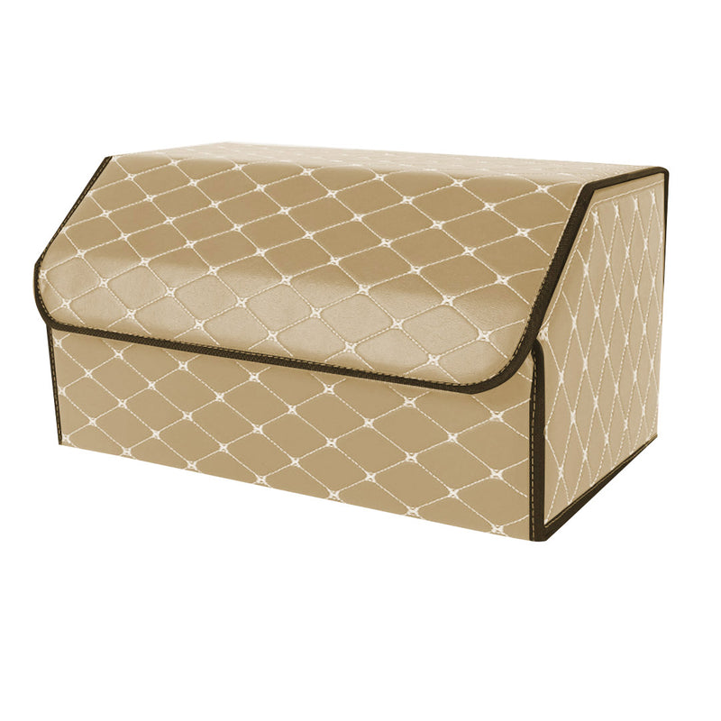 Leather Car Boot Trunk Organizer Box Foldable Portable Beige Gold Stitch Large
