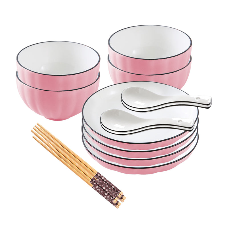 Pink Ceramic Japanese Style Dinnerware 4.5 Inch Bowls 7.5 Inch Plates Set of 8