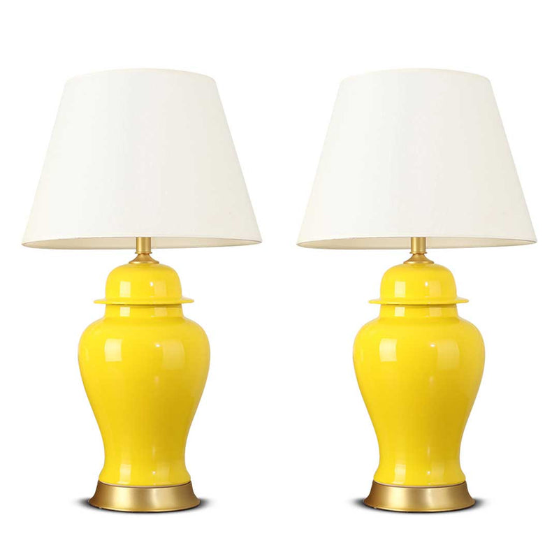 2X Oval Ceramic Table Lamps Gold Metal Base Fabric Drum Shade Yellow 60cm