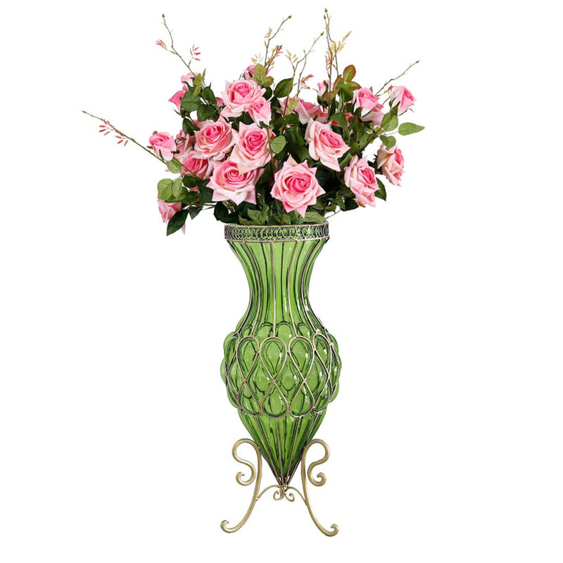 67cm Green Glass Floor Vase 12pcs Pink Silk Flowers Home Wedding Decor Set