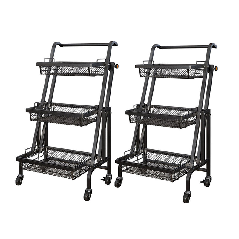 2X 3 Tier Carbon Steel Kitchen Cart Mesh Shelves Adjustable Black Wheels