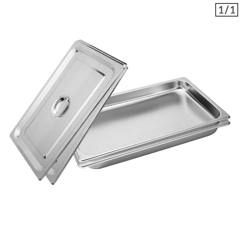 2X Gastronorm Full Size 1/1 Stainless Steel Pan 53x32.5x4cm With Lid Stackable