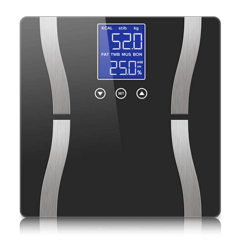 Glass Digital Body Fat Scale Lcd Display 180kg Capacity 8 Users 30x30cm Black