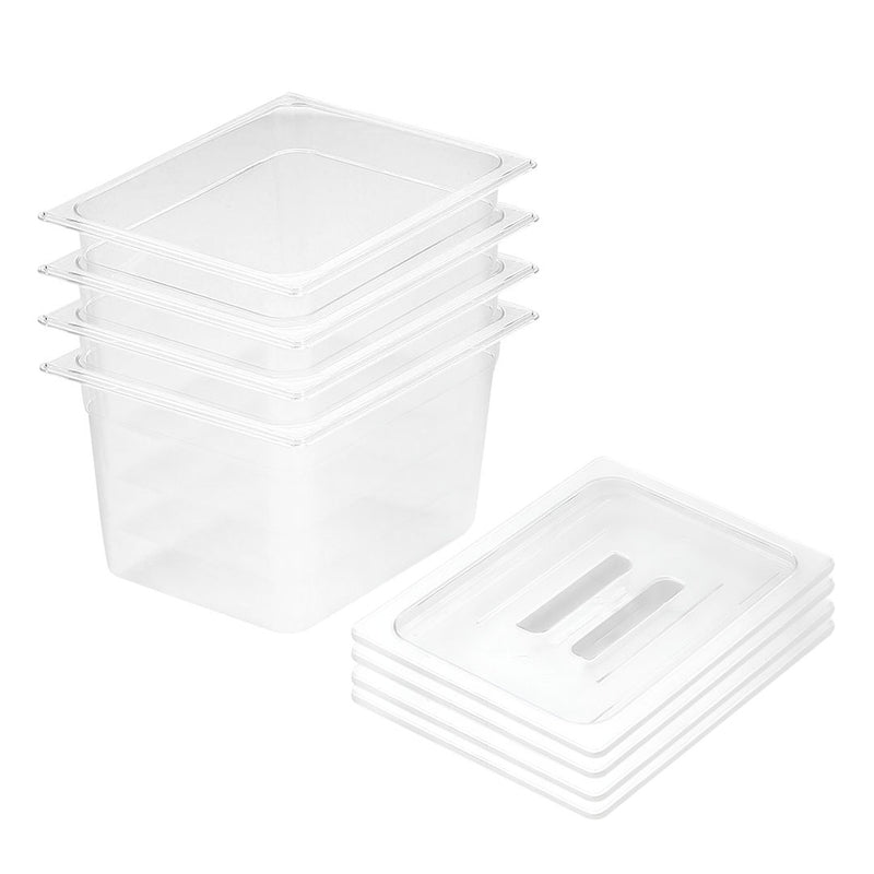 Gastronorm GN 200mm Polycarbonate Food Tray With Lids Set of 4 Transparent