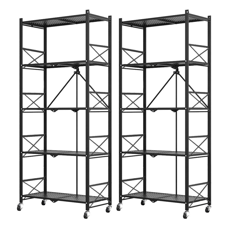 2X 5 Tier Carbon Steel Black Foldable Display Stand With Wheels For Storage