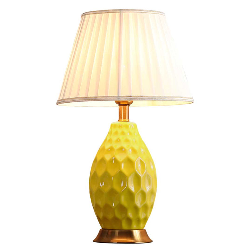 Textured Ceramic Oval Table Lamp Gold Metal Base Yellow Drum Shade 55cm