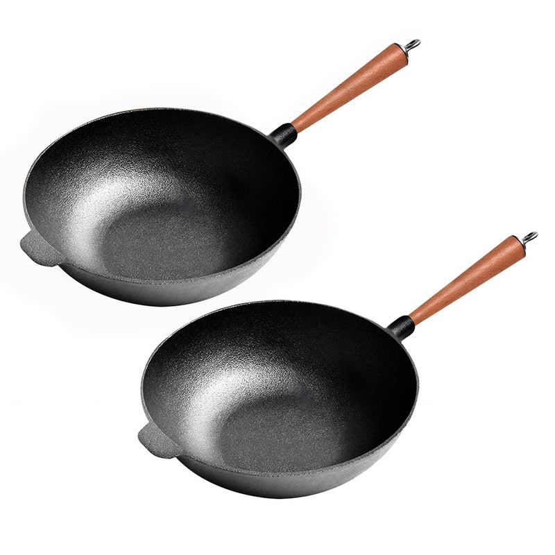 2X 31cm Cast Iron Round Thick Bottom Wok Non Stick Black Long Wood Handle