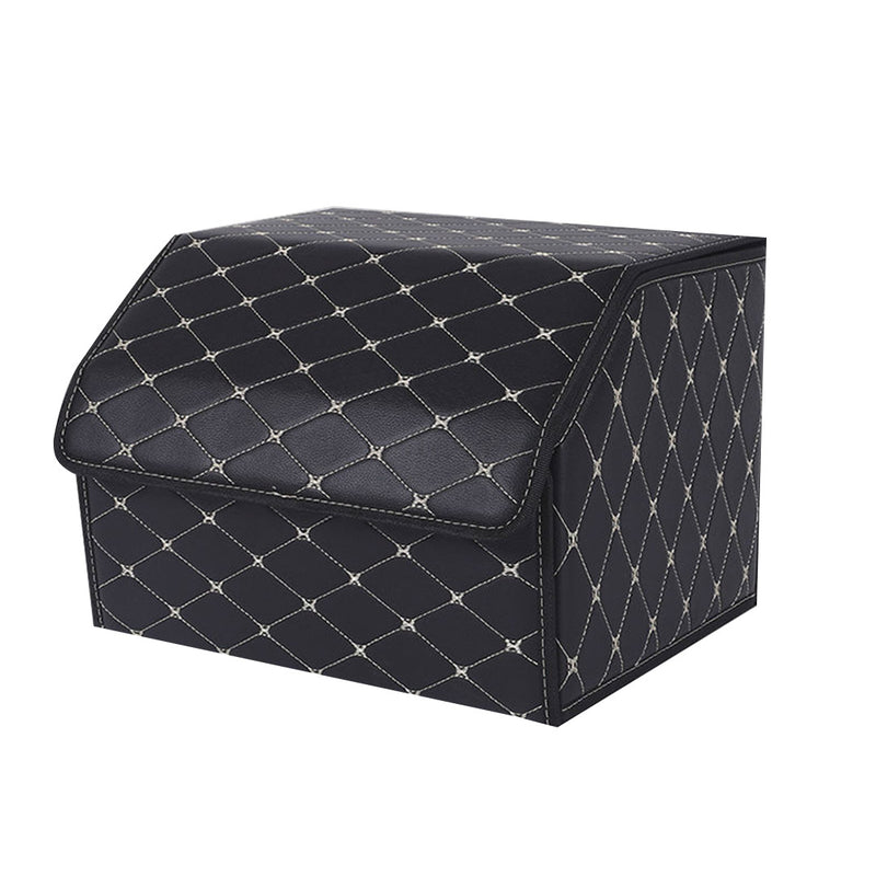 Leather Car Boot Organizer Box Foldable Collapsible Black Gold Stitch Medium
