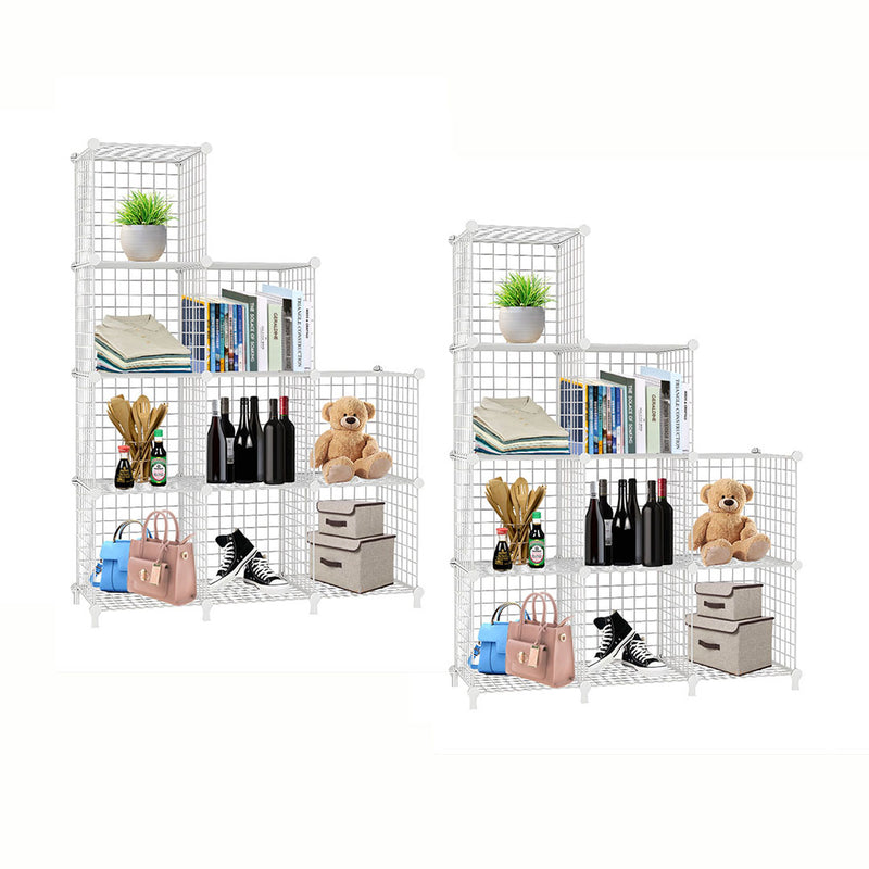 2X White 9 Cube 3 Column Iron Wire Mesh Modular Foldable Storage Organizer 149cm