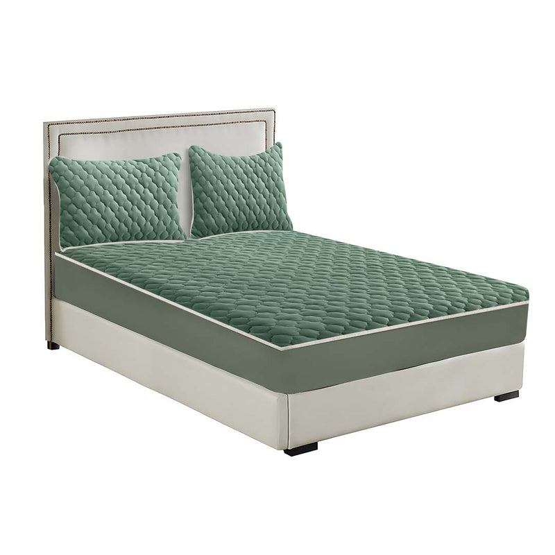 Green 203cm Quilted Fleece Mattress Cover Protector With Pillow Covers
